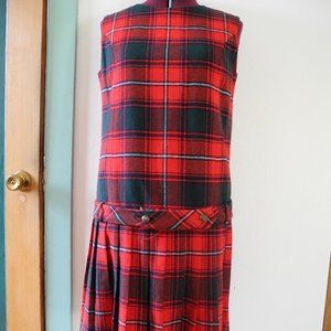Adorable 60s MOD Red Plaid Drop Waist Midi Dress